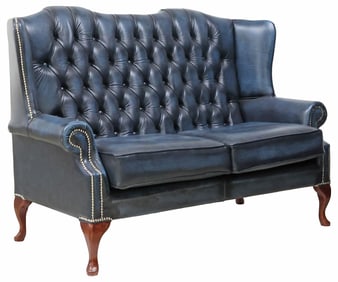 ENGLISH QUEEN ANNE STYLE TUFTED BLUE LEATHER WINGBACK SOFA