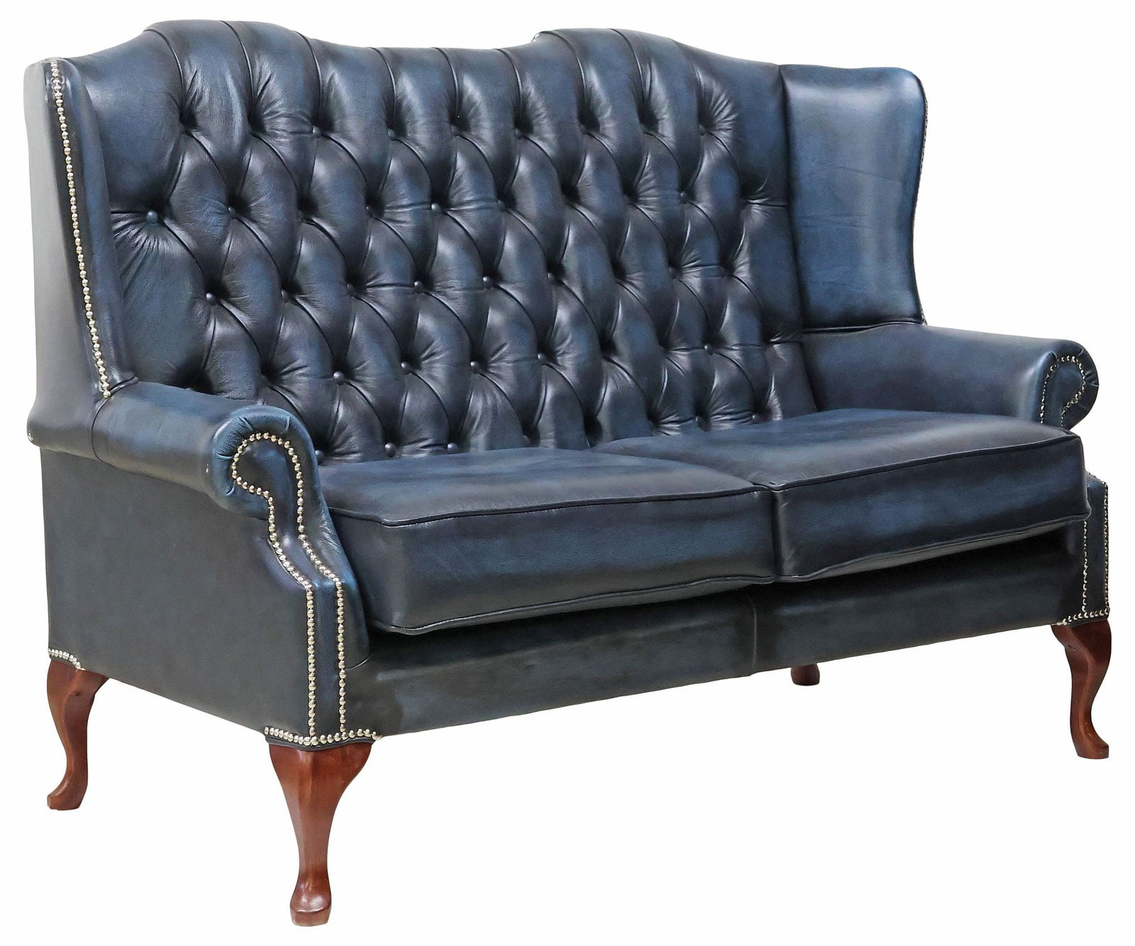 ENGLISH QUEEN ANNE STYLE TUFTED BLUE LEATHER WINGBACK SOFA (1 of 3)