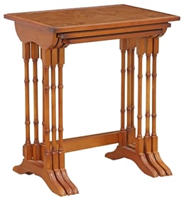 (3) ENGLISH BURLWOOD-TOP NESTING TABLES