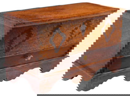 ENGLISH OAK MINIATURE MULE CHEST: English oak table box in the form of a mule chest, 19th c., hinged top above a single drawer with divided interior, on bracket feet, approx 7"h, 11.75"w, 6"d, 3.25lbs