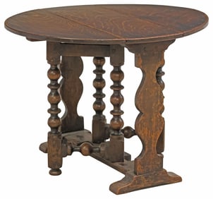 DIMINUTIVE ENGLISH OAK DROP LEAF GATE-LEG TRESTLE TABLE