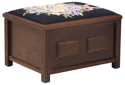 GEORGIAN STYLE NEEDLEPOINT-UPHOLSTERED OAK STORAGE OTTOMAN