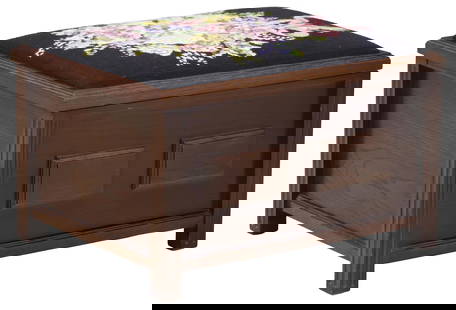 GEORGIAN STYLE NEEDLEPOINT-UPHOLSTERED OAK STORAGE OTTOMAN: English Georgian style oak&nbsp;stool/ ottoman, 20th c., floral bouquet needlepoint-upholstered hinged seat, revealing open storage, paneled sides,&nbsp;on straight fluted supports,&nbsp;approx 13.5&q