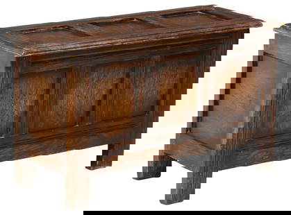 SMALL ENGLISH OAK STORAGE COFFER / CHEST: Small English oak storage chest/ coffer, early 20th c., having hinged lid revealing open compartment, paneled rectangular case, rising on block feet, approx 16&quot;h, 26.25&quot;w, 11.75&quot;d