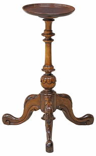 ENGLISH MAHOGANY PEDESTAL TRIPOD TABLE / PLANT STAND: English mahogany pedestal table/ plant stand, 20th c., having circular top, rising on turned standard, ending on scrolled tripartite base,&nbsp;approx 23&quot;h, 17.5&quot;w, 17.5&quot;d