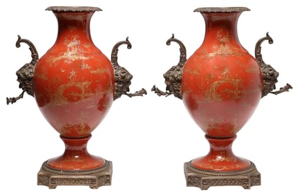 (2) METAL-MOUNTED PORCELAIN CHINOISERIE BALUSTER VASES
