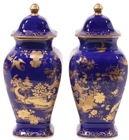 (2) ENGLISH CAULDON CHINOISERIE BLUE & GILT PAINTED COVERED VASES