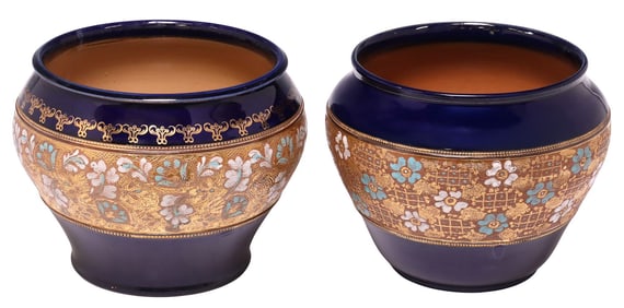 (2) ENGLISH ROYAL DOULTON SLATERS PATENT COBALT & GILDED JARDINIERES