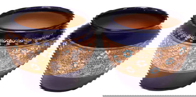 (2) ENGLISH ROYAL DOULTON SLATERS PATENT COBALT & GILDED JARDINIERES: (lot of 2) Royal Doulton Slaters Patent stoneware jardinieres, Lambeth, England, early 20th c.,&nbsp;each with cobalt&nbsp;glazed ground, blue and white enameled flowers on&nbsp;heavily gilded texture