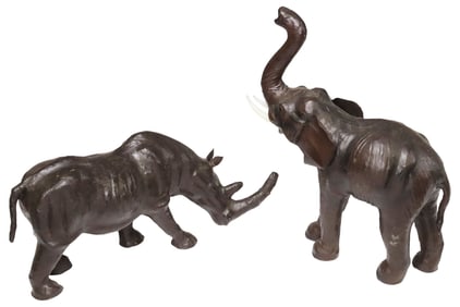 (2) LEATHER-CLAD ELEPHANT & RHINOCEROS SCULPTURES