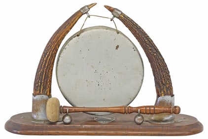 ENGLISH EDWARDIAN OAK & ANTLER TABLE GONG