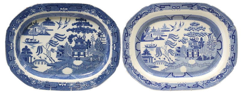 (2) ENGLISH STAFFORDSHIRE 'BLUE WILLOW' PLATTERS: (lot of 2) English Staffordshire blue and white ironstone platters, in the &quot;Blue Willow&quot; pattern, with slightly varied transferred&nbsp;chinoiserie designs,&nbsp;approx 20.75&quot;l, 16&quot