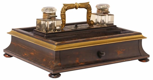 ENGLISH REGENCY BRASS-MOUNTED COROMANDEL INKWELL DESK STAND