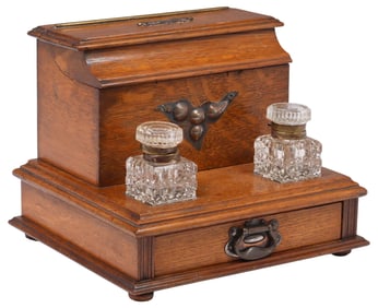 EDWARDIAN METAL-MOUNTED OAK INKSTAND & LETTER BOX