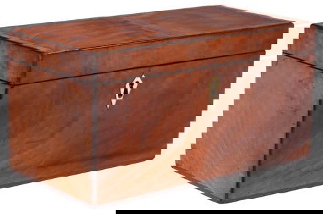 ENGLISH GEORGE III CROSSBANDED WALNUT TEA CADDY: English George III crossbanded walnut tea caddy, early 19th c., of rectangular form, hinged top enclosing two covered tea boxes, central division for a mixing bowl (not present), approx 6.5&quot;h, 12