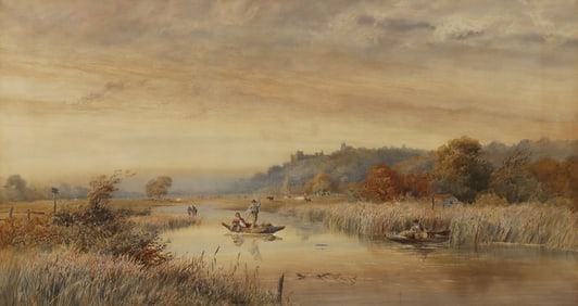 ROBERT DOBSON BRITISH WATERCOLOR PAINTING PUNTS ON THE RIVER ARUN