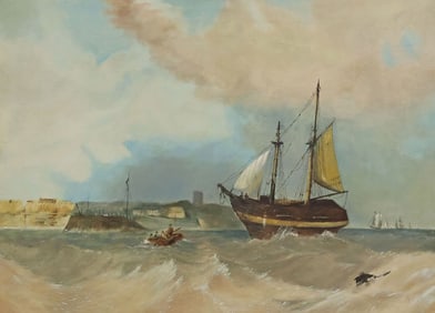 BRITISH SCHOOL PAINTING SAILING SHIP & ROWBOAT
