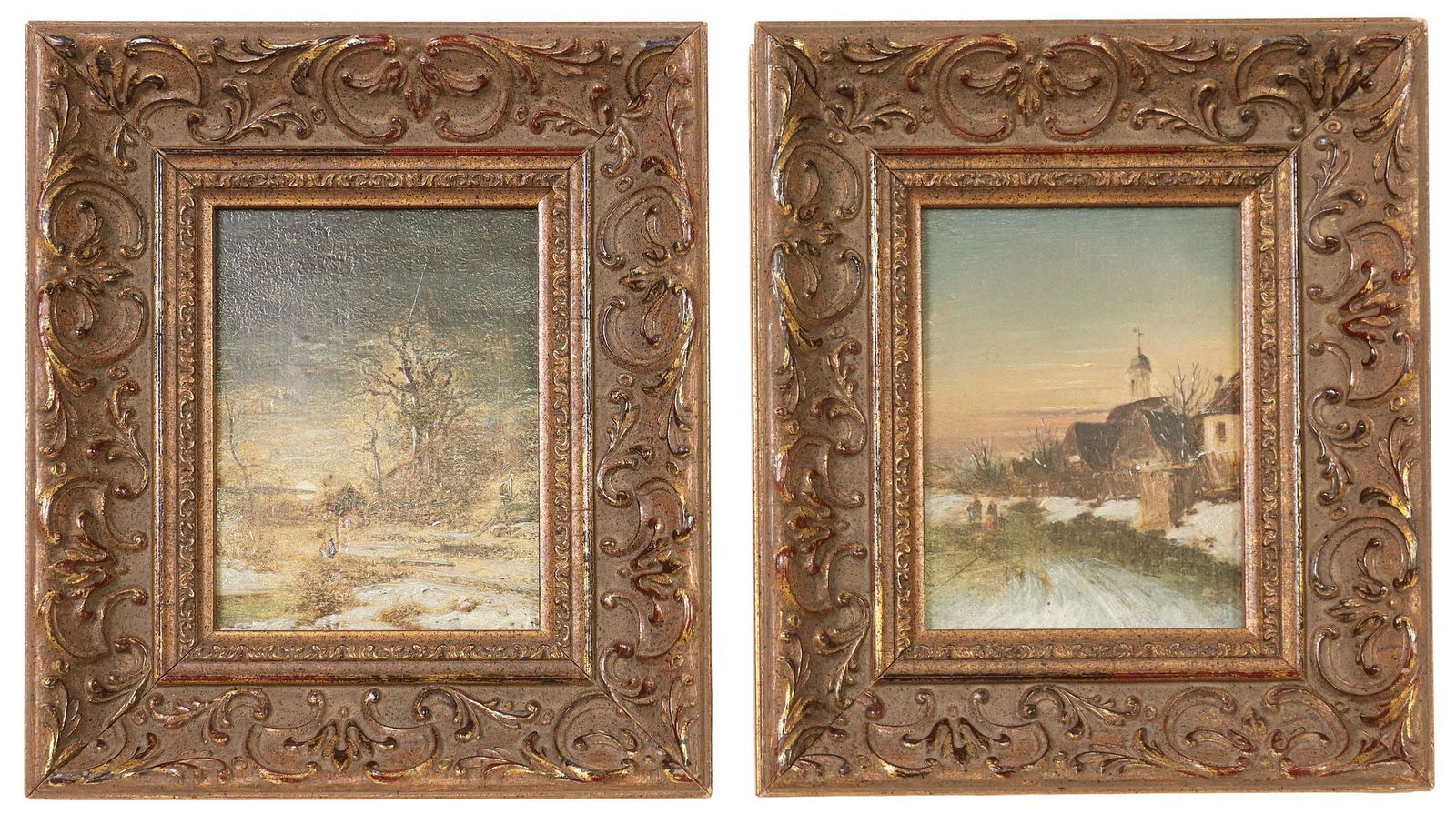 (2) FRAMED PAINTINGS DUTCH WINTER LANDSCAPES: (lot of 2) Framed oil on wood panel paintings, Winter Landscapes, in the manner of Charles Henri Joseph Leickert (Belgian, 1816-1907), signed verso Shoh or Shon (?), sight: approx 4 7/8"h, 3 5/8&