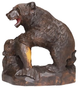 LARGE JAPANESE HOKKAIDO AINU STYLE CARVED WOOD SCULPTURE, BEAR & CUB