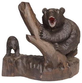 LARGE JAPANESE HOKKAIDO AINU STYLE CARVED WOOD SCULPTURE, BEAR & CUB