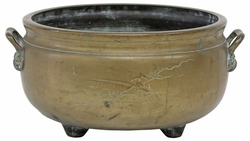 JAPANESE BRASS LANDSCAPE MOTIF HIBACHI