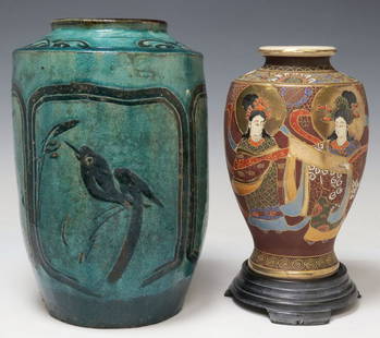 (2) JAPANESE SATSUMA & CHINESE TURQUOISE-GLAZED VASES: (lot of 2) Asian pottery vases, including: (1) Chinese turquoise-glazed vase, with incised decoration of flowers and a bird, retaining partial wax seal, chips to rim, approx 12.75"h, 8