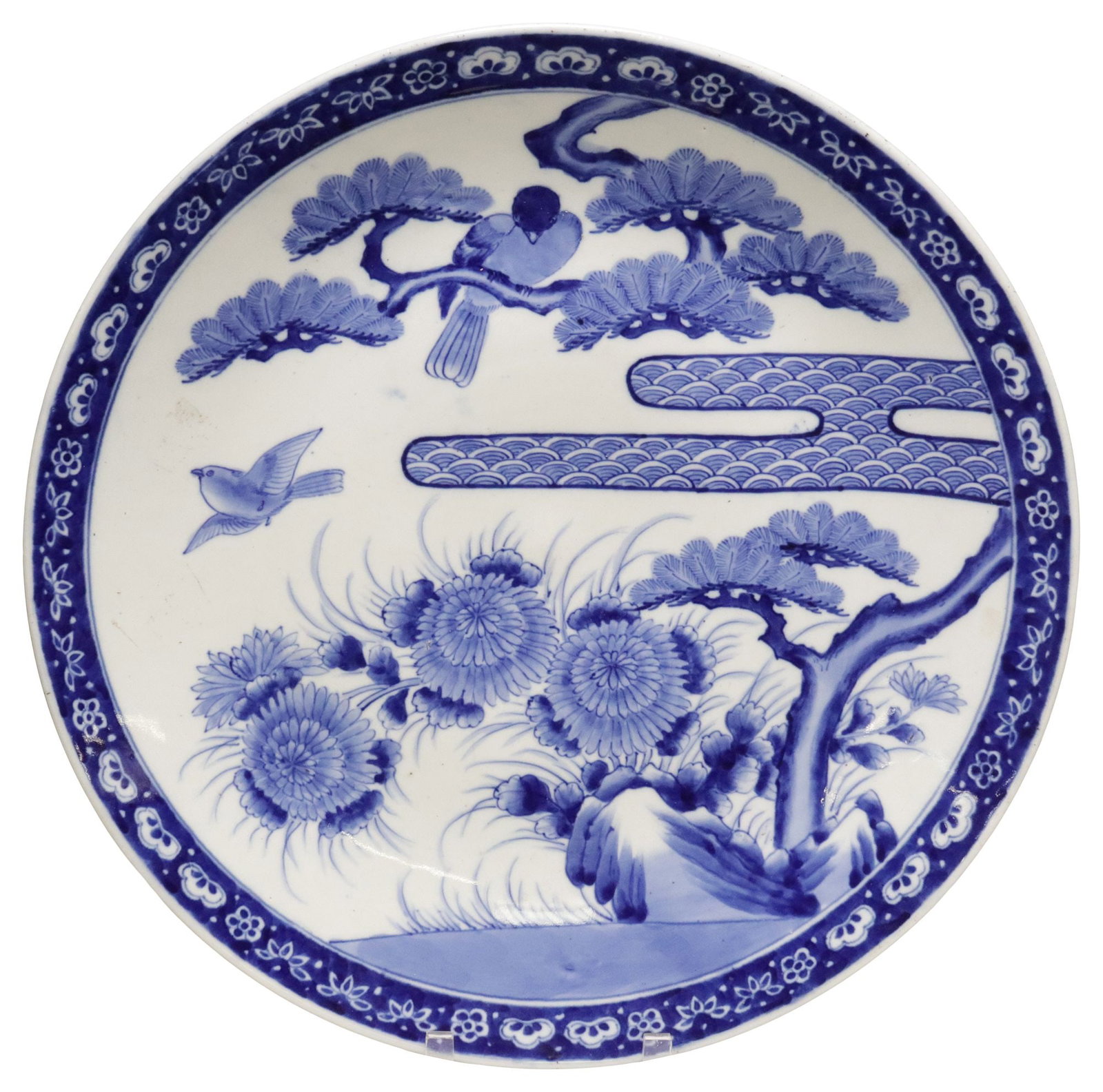LARGE JAPANESE BLUE & WHITE PORCELAIN CHARGER, 17.75"DIAM: Large Japanese blue and white porcelain charger, depicting birds among flowering trees, ornamental border, approx 17.75"diam, 7.5lbs