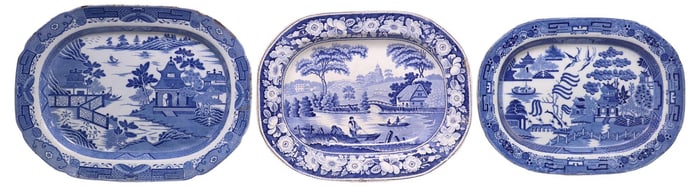 (3) ENGLISH BLUE & WHITE TRANSFERWARE PLATTERS, 'WILD ROSE' & 'BLUE WILLOW'