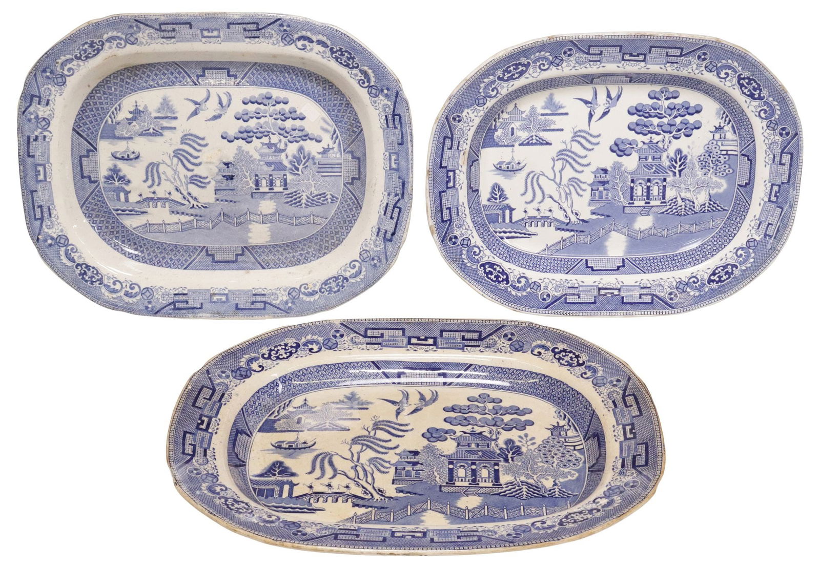 (3) ENGLISH STAFFORDSHIRE TRANSFERWARE 'BLUE WILLOW' PLATTERS (1 of 6)