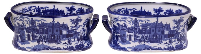 (2) BLUE & WHITE TRANSFERWARE STREET SCENE FOOTBATHS