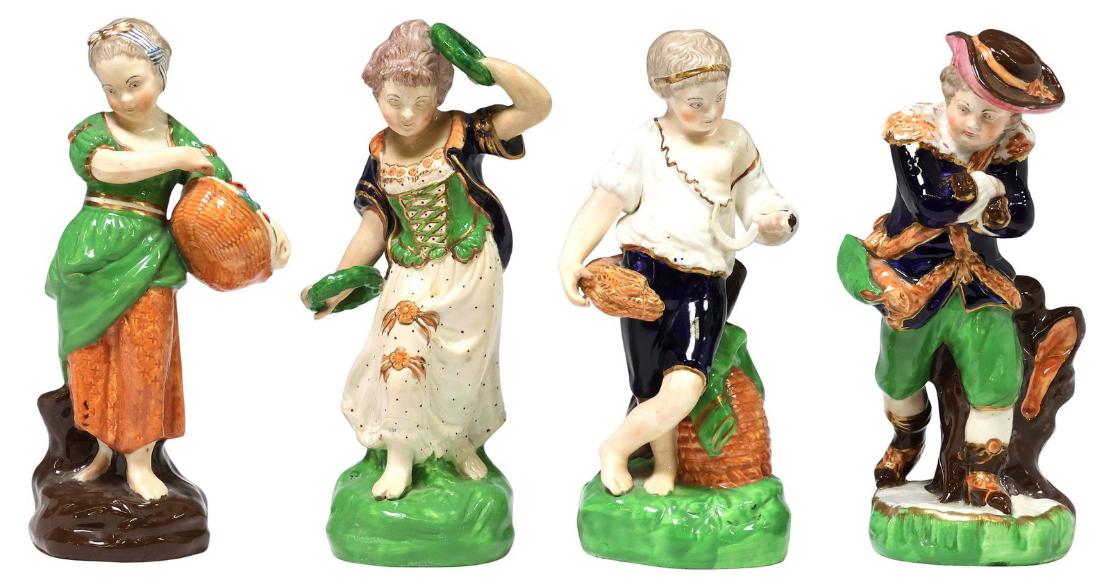 (4) ENGLISH STAFFORDSHIRE PEARLWARE ALLEGORICAL '4 SEASONS' FIGURES: (lot of 4) English Staffordshire pearlware allegorical figures, The Four Seasons, early 20th c., each rising on naturalistic base, including: (1) Autumn, with sheath of wheat and scythe, (1) Summer, h