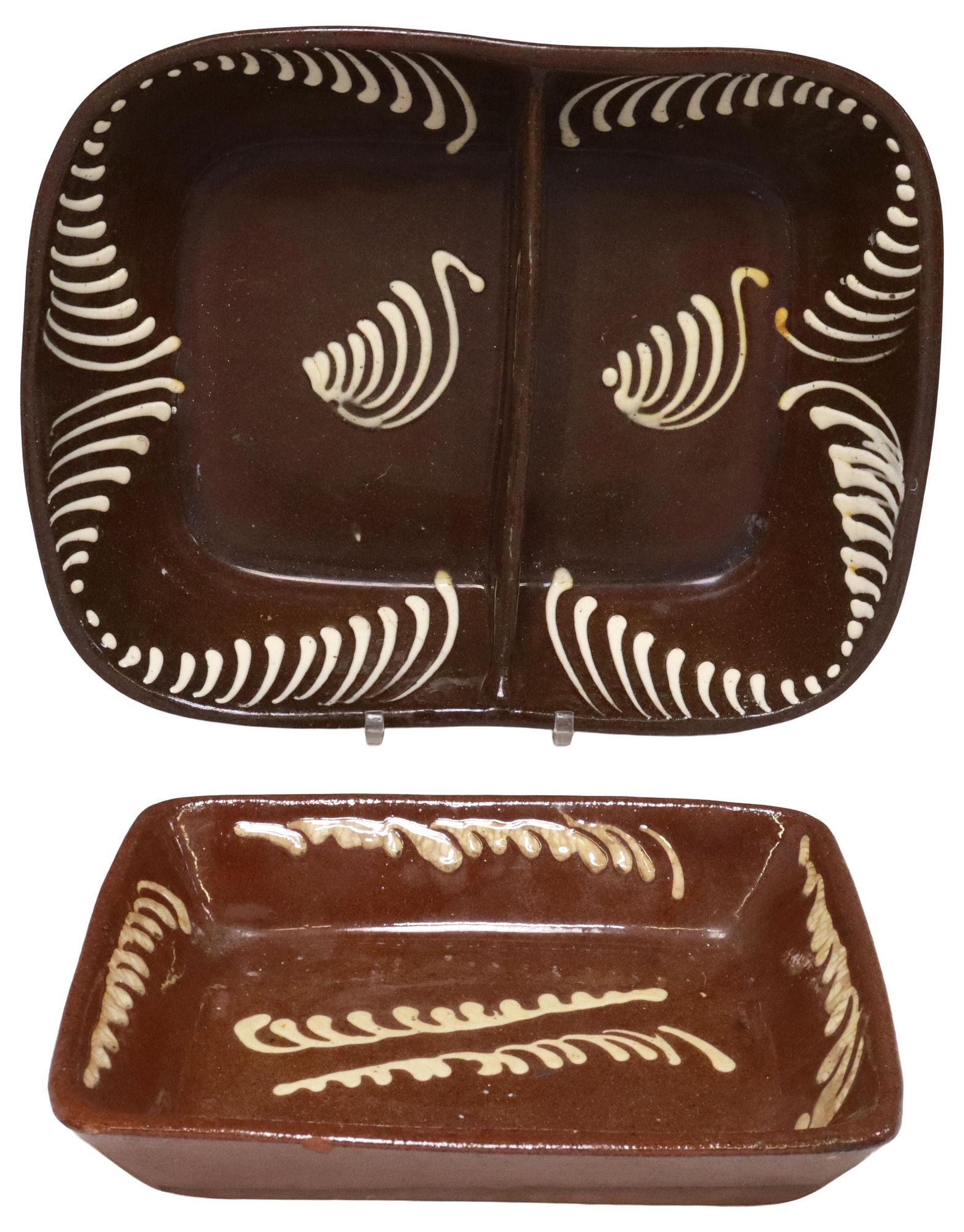 (2) SLIP-DECORATED REDWARE BAKING DISHES (1 of 4)