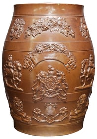 BRITISH SALT-GLAZE STONEWARE ARMORIAL SPIRITS CASK OR BARREL