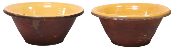 (2) ENGLISH YELLOW SLIP-GLAZED TERRACOTTA PANCHEONS / DAIRY BOWLS