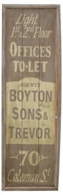 DECORATIVE ENGLISH PRINTED WOOD LAWYER'S TRADE SIGN, 65"H