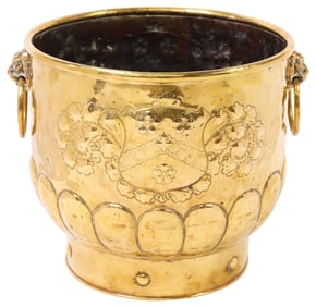 ENGLISH BRASS REPOUSSE ARMORIAL MOTIF LOG BIN / PLANTER