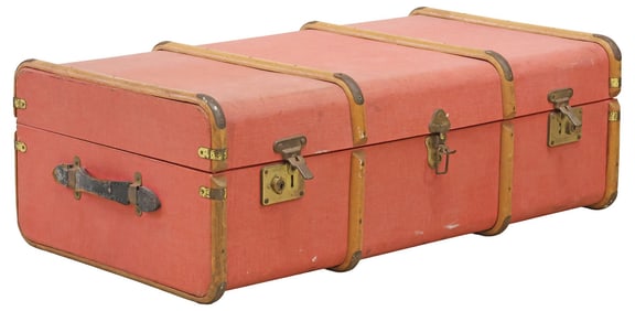 ENGLISH COATED CANVAS-CLAD PINK STEAMER TRUNK / TRAVEL CHEST