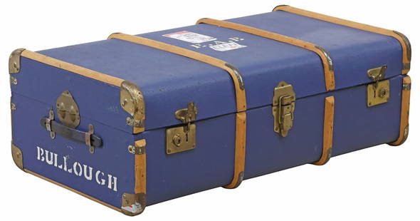 ENGLISH COATED CANVAS-CLAD BLUE STEAMER TRUNK / TRAVEL CHEST: English blue coated canvas-clad steamer trunk/ travel chest,&nbsp;early 20th c., having dual leather side handles and raised wood support bands, patinated brass hardware, open interior with plaid-patt