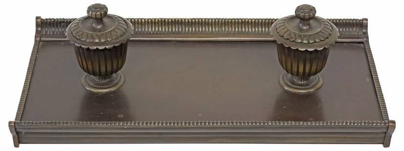 REGENCY STYLE PATINATED BRONZE STANDISH DESK STAND: Regency style patinated bronze inkstand/ standish, 20th c., dual urn-form covered inkwells, on plinth base with ribbed curving edge,&nbsp;approx 4.5&quot;h, 16.5&quot;w, 9.25&quot;d, 10.25lbs