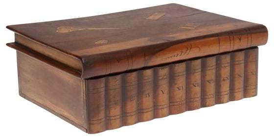 ENGLISH MARQUETRY & PAINTED MAHOGANY FAUX BOOK SEWING BOX