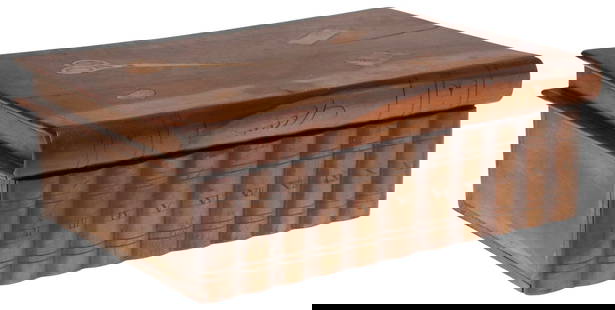 ENGLISH MARQUETRY & PAINTED MAHOGANY FAUX BOOK SEWING BOX: English inlaid and paint-decorated mahogany sewing box, early 20th c., book-form hinged top with marquetry sewing motifs including thimble and bobbin, black painted linework, revealing divided interio