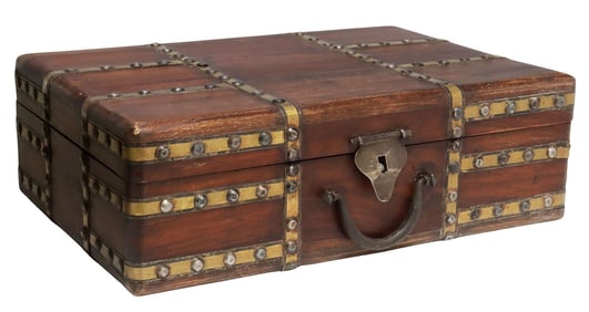 BRITISH COLONIAL BRASS & TEAK SUITCASE-FORM TABLE BOX