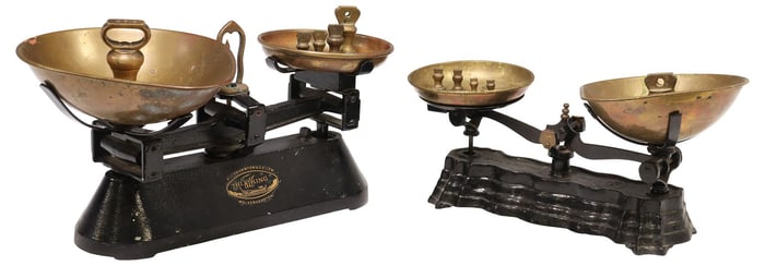 (2) ENGLISH LIBRA & E.J. THORTON CAST IRON KITCHEN SCALES WITH WEIGHTS