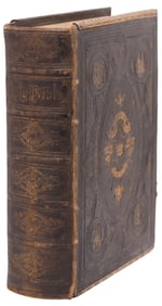 ANTIQUE ENGLISH LEATHER & BRASS BOUND HOLY BIBLE