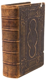 ANTIQUE ENGLISH LEATHER & BRASS BOUND HOLY BIBLE