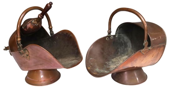 (2) ENGLISH VICTORIAN COPPER COAL SCUTTLES, 1 WITH SCOOP