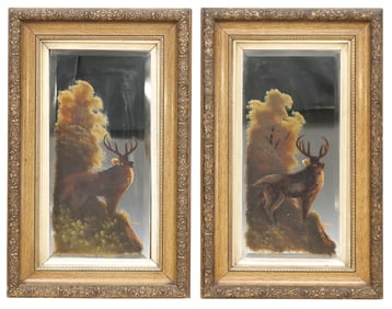(2) VICTORIAN REVERSE-PAINTED BEVELED MIRRORS, DEER IN LANDSCAPE