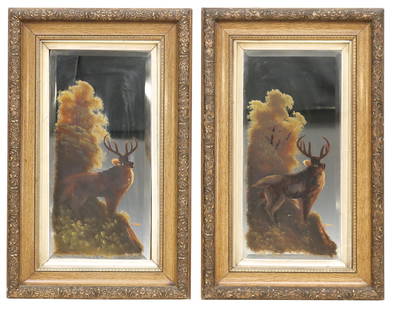 (2) VICTORIAN REVERSE-PAINTED BEVELED MIRRORS, DEER IN LANDSCAPE: (pair) English Victorian reverse-painted wall mirrors, late 19th c., each with painted elk standing on naturalistic outcrop, signed lower right B. Currs, on beveled mirror plate, housed in molded parc