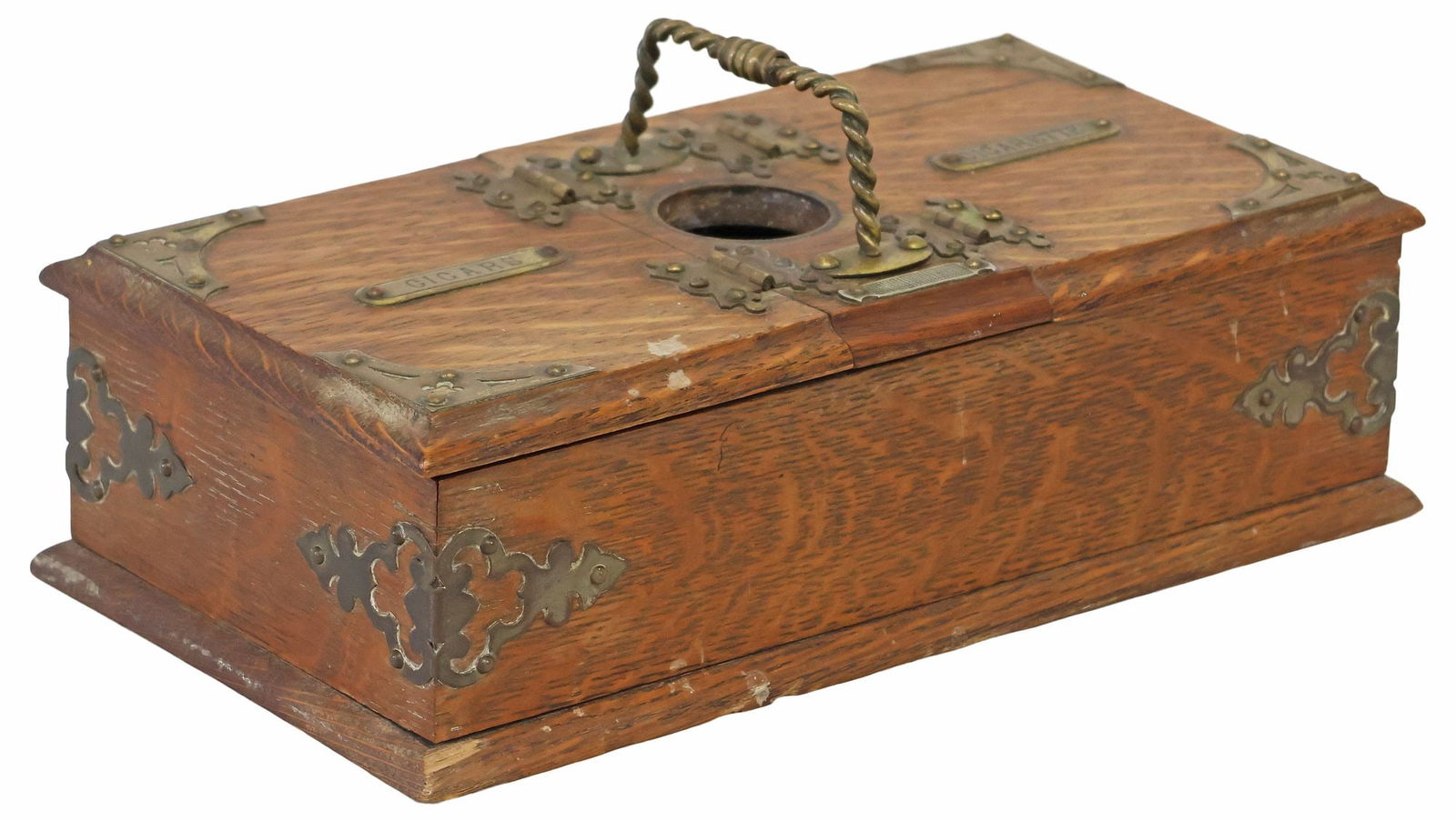 ENGLISH BRASS-MOUNTED OAK CIGAR & CIGARETTE BOX (1 of 4)