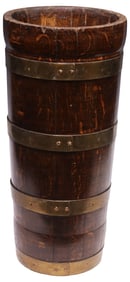 ENGLISH BRASS-BOUND OAK BARREL-FORM UMBRELLA STAND